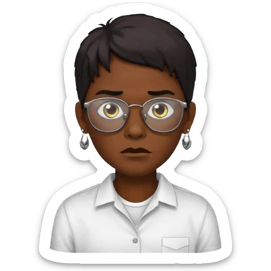 A zombie wearing a white shirt, dark skin, medium-length dark hair, earrings, and glasses, on a white background, facing forward. sticker
