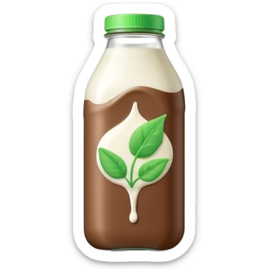 A 3D cartoon bottle of plant-based milk identical to dairy milk, small green tint or leaf mark, Memoji-style. sticker