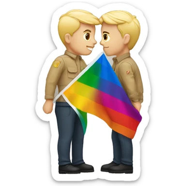 Two men kissing holding the Gay flag sticker
