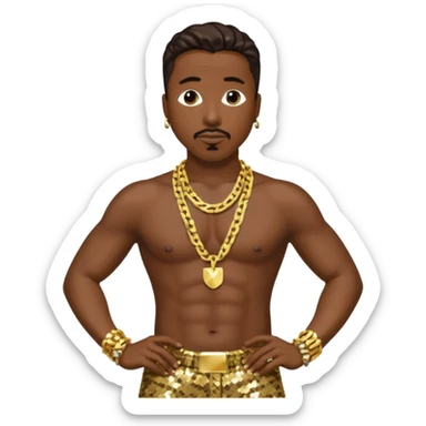 MC Hammer with dark brown hair, gold sequin baggy pants, shirtless with necklace sticker