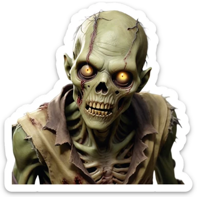 Cinematic Realistic WoW undead friendly zombie Portrait, head tilted epicly and inquisitively, showcasing grim resilience and defiant strength. His withered, pallid skin and intense, glowing eyes contrast starkly with his worn, earth-toned clothes, rendered in meticulous detail. With dynamic, high-contrast lighting and high shine, this portrait exudes an epic aura, capturing the relentless will of a battle-hardened undead friendly zombie. sticker