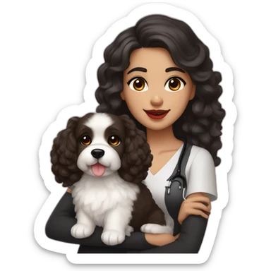 young moroccan woman with dark brown eyes, dark long curling hair, red lips, a black dress, a stethoscope and a white cotton of tulear dog on her laps sticker