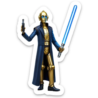 tarnished undercover tough well-equipped Jedi  life-sized darkblue-pearl C3po as a friendly droid wearing a leather clothing pants and vest old west duster coat holding light saber sheriff sticker