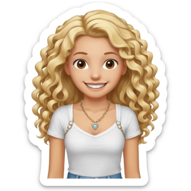 smiling white girl with long curly blond hair and hairgrip, athletic slim, wearing jeans white strappy t-shirt and necklace, showing white teeth sticker