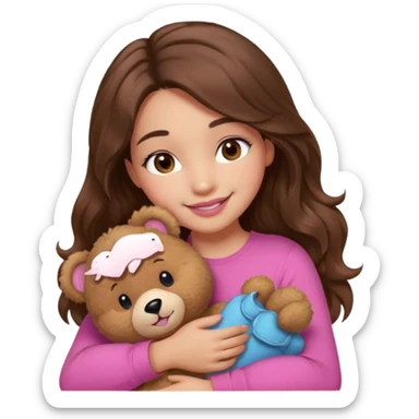 girl with long wavy brown hair, brown eyes, light to medium complexion, in a pink shirt, pink lips, long lashes, smiling, hugging a teddybear sticker