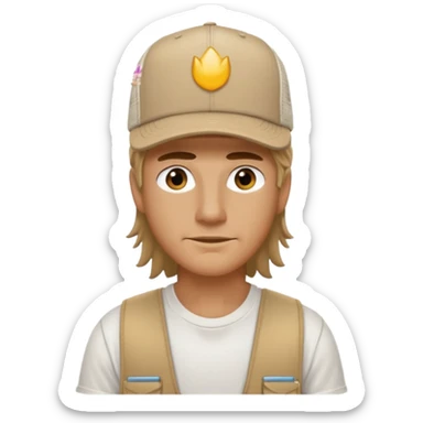 White tshirt, tan trucker hat, mullet sticker