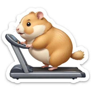 fat hamster big belly trying to run on treadmill sideways desperately trying to catch up with speed sticker