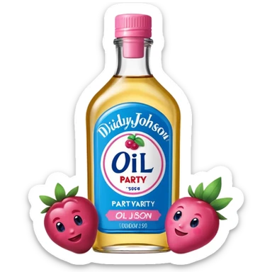 bottle of oil blue top pink outside with logo that says Diddy Party oil Johnson and Johnson  brand with a smiling berry on top sticker
