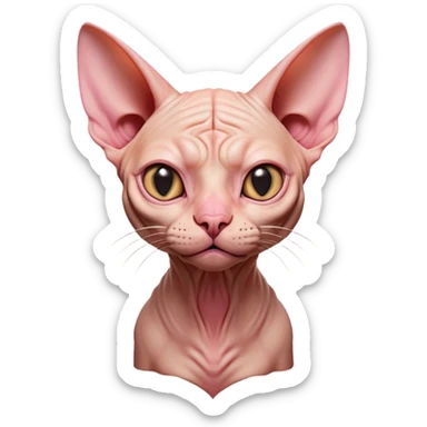Cinematic Comical Sphynx Cat Portrait Emoji, Head tilted dramatically with an exaggeratedly shocked or offended expression, smooth, wrinkled skin in warm peach and pink hues, large bat-like ears perked up, piercing eyes widened in disbelief, Simplified yet hilariously expressive features, highly detailed, glowing with a slightly sassy glow, high shine, dramatic yet playful, stylized with an air of attitude, bright and endearing, soft glowing outline, capturing the essence of a sassy and over-the-top feline, so meme-worthy it feels like it could side-eye its way into internet fame instantly! sticker