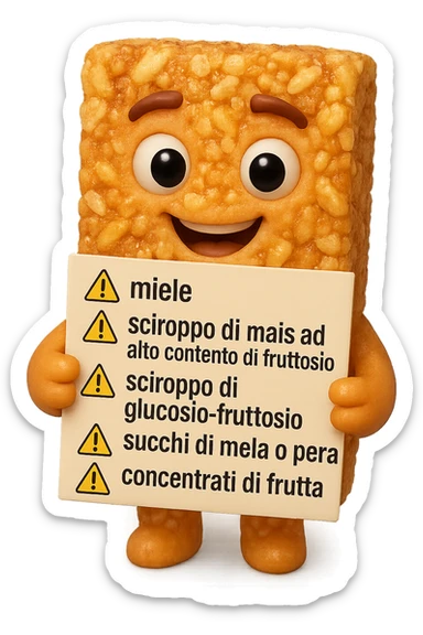 SU QUESTO STILE FAI UN EMOJI STILE IPHONE 3D DI UNa barretta ai cereali con ETICHETTA CON GLI INGREDIENTI SCRITTI, "miele, sciroppo di mais ad alto contenuto di fruttosio, sciroppo di glucosio-fruttosio, succhi di mela o pera,
concentrati di frutta" accanto ad ogni nome scritto mettici un segnale di allarme, FALLO MOLTO REALISTICO IN 3D sticker
