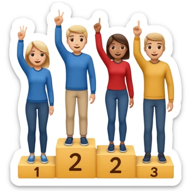winners podium with three people numbers 2, 1, 3 left to right, all in relaxed casual clothes, center person on 1 step raising one finger on each hand, cheerful expressive friendly emoji style sticker