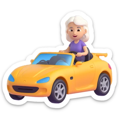 Make the car 20% more realistic while keeping the mother with white hair looking fast and furious, dynamic motion effects, sporty 3D emoji style, no background sticker