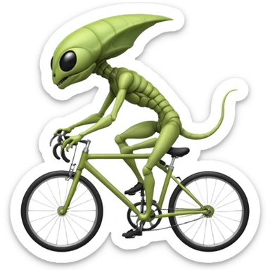 insectoid alien riding a bicycle, bug-like eyes, segmented limbs, strange but fun cycling pose, sci-fi creature vibe, 3D cartoon, mobile game icon style, clean background, no text, no watermark
 sticker
