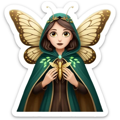mystical woodland woman dressed as moth queen, velvet wing cloak, glowing dust sticker