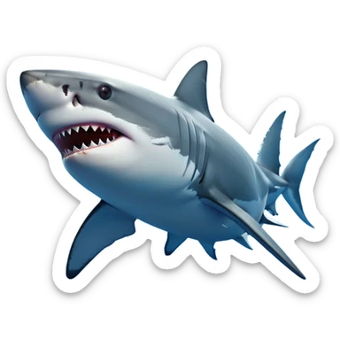 Cinematic Noble Great White Shark Portrait Emoji, Poised and regal, with a robust, torpedo-shaped body, a pointed snout, a gleaming white underbelly contrasting with a slate gray dorsal surface, and piercing, intense eyes scanning deep blue waters, Simplified yet sharp and sophisticated features, highly detailed, glowing with a cool, oceanic luminescence, high shine, intelligent and commanding, stylized with an air of marine authority, focused and vigilant, soft glowing outline, capturing the essence of a watchful and confident predator that appears ready to surge out of the screen with effortless power! sticker