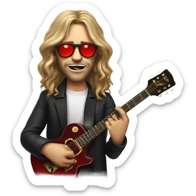 Man face with long hair and circle red lens glasses holding a guiter with a cigarette in his mouth sticker