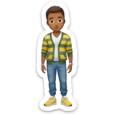 Handsome Black guy with brown skin tone, with lean muscular build, wearing baggy blue jeans, a white v-neck t-shirt, a yellow and green striped cardigan sweater, and grey new balance sneakers  sticker