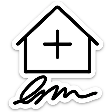 minimal house icon, the base formed by a handwritten signature, with a plus sign at the center, suitable for branding sticker