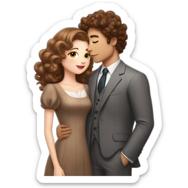 a girl with white skin and brown hair in a cute dress kisses a guy with white skin with curly short hair in a classic suit sticker