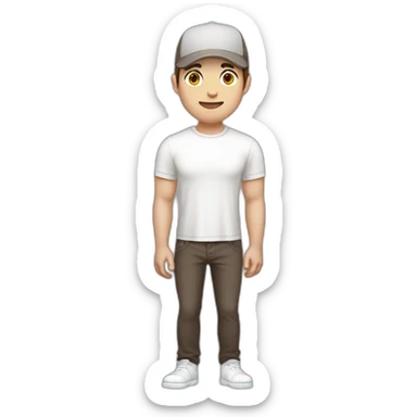Pale skinned fit Man with dark brown hair in a light gray cap, dark brown jeans, brown polo and white T-shirt keeping a pasted with tape white box into his hands sticker