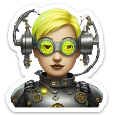 Fat Caucasian female cyborg head with Neon yellow bobbed hair, silver steampunk goggles and circuits sticker
