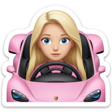 pink Porsche taycan with blonde girl, long hair, blue eyes, sitting in the car, front view point of view, no sunglasses sticker