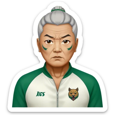 Jang Deok-su , Age: Late 60s
Appearance: A fierce man with tattoos, A large, have a tattoo on his neck.
Outfit: Green player tracksuit sticker