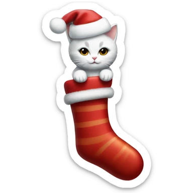 light red stocking with snowflakes on it and a small white cat poking out of the stocking and a candy cane beside the cat sticker