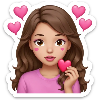 girl with long wavy brown hair, brown eyes, light to medium complexion, in a pink shirt, pink lips, long lashes, puckering lips kissing, blushing with hearts sticker