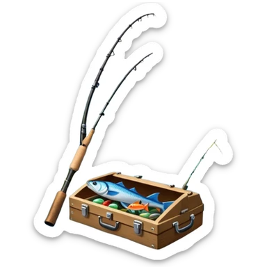 Icon for Fishing Travel: a boat on a calm lake surrounded by mountains and lush greenery, with fish jumping out of the water, a fishing rod, tackle box. The icon should capture the peaceful and adventurous nature of fishing trips. Transparent background. sticker
