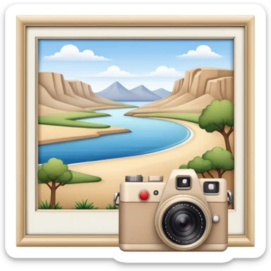 A beige camera and next to it a landscape photograph of the frame behind the camera sticker