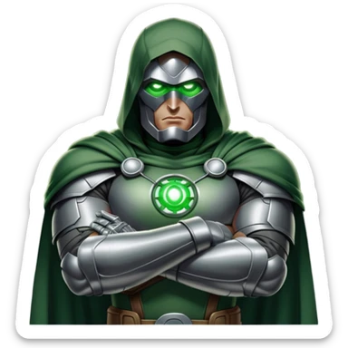 Doctor Doom with arms crossed and green glowing eyes sticker