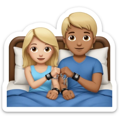 a blonde girl holding handcuffs with her brown haired boyfriend in bed  sticker