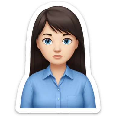 40 yr old woman, blue eyes, long straight dark brown hair, business shirt, chubby, bangs, long hair sticker