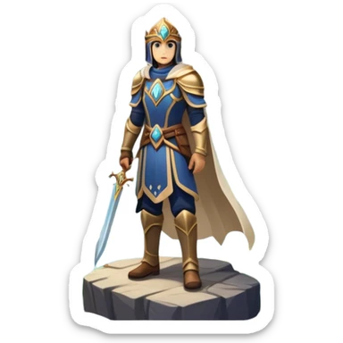 An icon featuring a hero with a closed visor, standing in a majestic, mystical landscape, inspired by RPGs like Elden Ring. The design includes a stunning, ethereal background with towering castles and distant mountains, symbolizing the adventure and mystery. Transparent background sticker