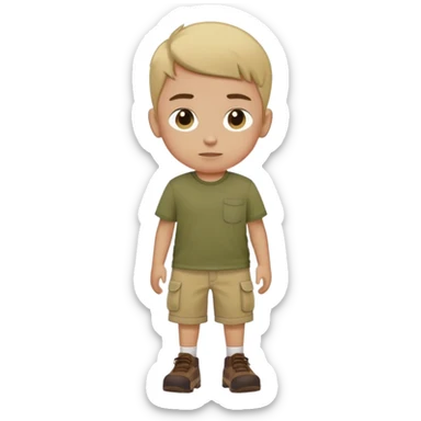 boy wearing an olive-green shirt over a brown T-shirt with beige cargo shorts sticker