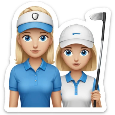Blonde woman with blue eyes wearing golf visor playing golf with white man with brown hair and brown eyes wearing blue polo sticker