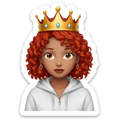 Slim girl with a fine face, dark chocolate-colored and tanned skin, medium-length curly tomato-red hair, dark eyes, medium-thick eyelashes, and a crown and hoop earrings wearing a white hooded sweatshirt.
 sticker