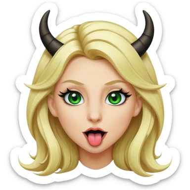 Emoji femme blonde habillée en noir cheveux blond, yeux vert avec de long cils noir qui tire la langue et à des cornes  sticker