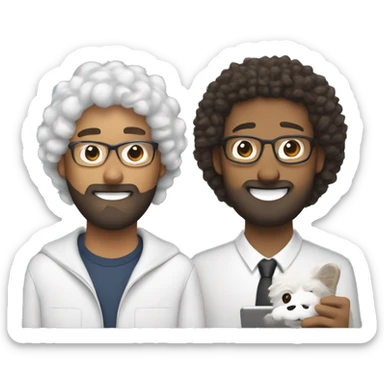 two people working remotely. One has short curly hair and trimmed beard. The other has curly hair, AirPods, and is holding a Samoyed. Both heads are at the top, with a laptop in the center, and two curved arrows forming a feedback loop between them sticker
