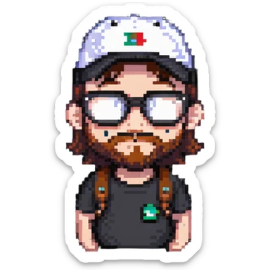 adventurer with small beard, glasses and backwards baseball cap sticker