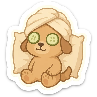 Relaxed dog with cucumber slices on eyes, towel wrapped on head and pillow sticker