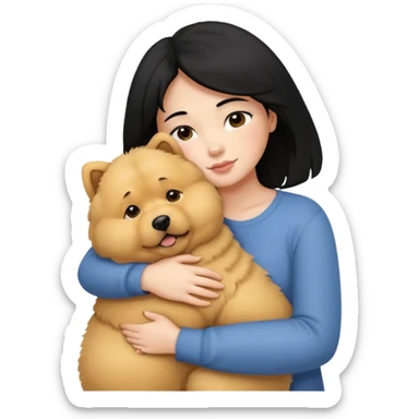 A girl with black hair hugging a beige fluffy chow chow dog sticker