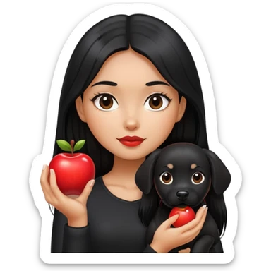 A girl with long black hair wearing black clothes holding a black dog in one hand and an apple in the other hand sticker