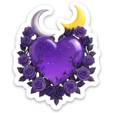 gothic heart made of purple glass with a silver crescent moon on the left, black roses at the base, subtle stardust, faint lightning, light rain, fine cracked glass texture sticker