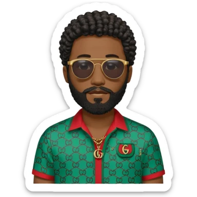 Black man with black sunglasses and curly short
 hair with a full beard and sideburns in a Gucci shirt sticker