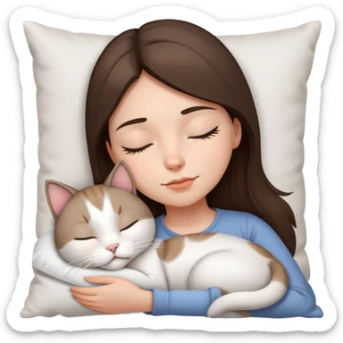 brunette girl sleeping with a white pillow and a light grey-brown and mostly white cat sticker