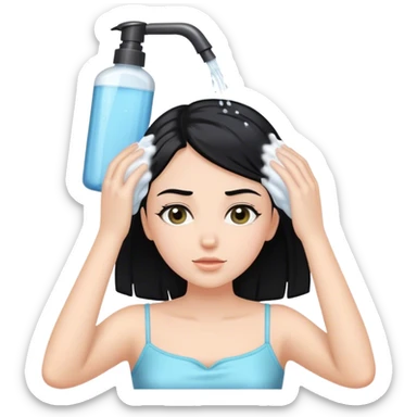 White girl with black hair, washing her head, her hair with shampoo sticker