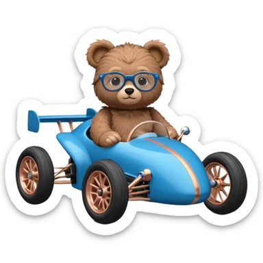 dark crystal blue and rosegold-accented rc racing car driven by a small cute teddy business bear with rear spoiler, roll bar, and wheely bar sticker