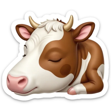 Meme-Worthy Cute Sleeping Brown and White Cow Portrait Emoji, Head resting peacefully with a contented smile, showcasing a robust build and a luxuriously soft patterned hide of brown and white, eyes shut in a serene, restful nap, Simplified yet hilariously adorable features, highly detailed, glowing with a soft, drowsy light, high shine, relaxed and utterly lovable, stylized with an air of playful laziness, bright and heartwarming, soft glowing outline, capturing the essence of a comically sleepy cow, so meme-worthy it feels like it could instantly become the next viral sensation of adorable slumber! sticker